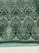 Geometric Design Fabric - Hunter Green - 4 Way Stretch Embroidered Design Sequins Fabric By Yard