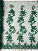 3D Rose Plant Fabric - Hunter Green - Embroidered Flower Design Rose Fabric Sold by Yard