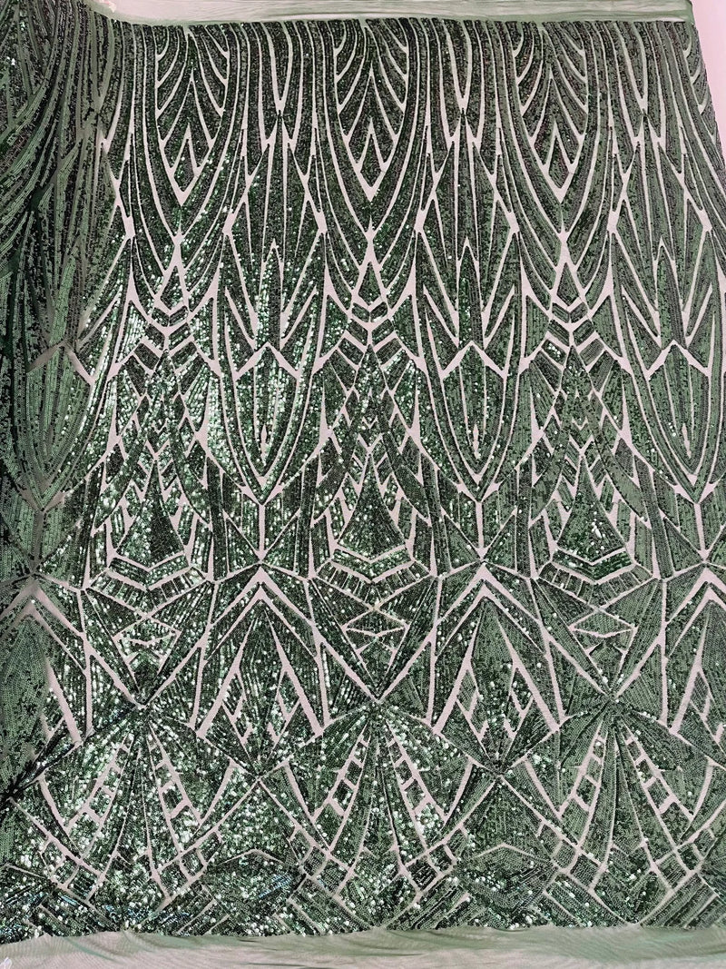 Sequins Fabric - Hunter Green - Geometric Pattern Design 4 Way Stretch Sold By Yard