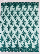 Floral Cluster Lace Fabric - Hunter Green - Embroidered Flowers With Sequins on a Mesh Lace Fabric Sold By Yard