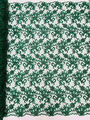 Small Flower Plant Fabric - Hunter Green - Floral Embroidered Design on Lace Mesh By Yard