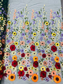 Multi-Color Flower Fabric - Hunter Green - Embroidered Floral Design Fabric Sold by Yard