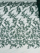 Plant Cluster Fabric - Hunter Green - Beaded Embroidered Leaf Plant Design on Lace Mesh By Yard