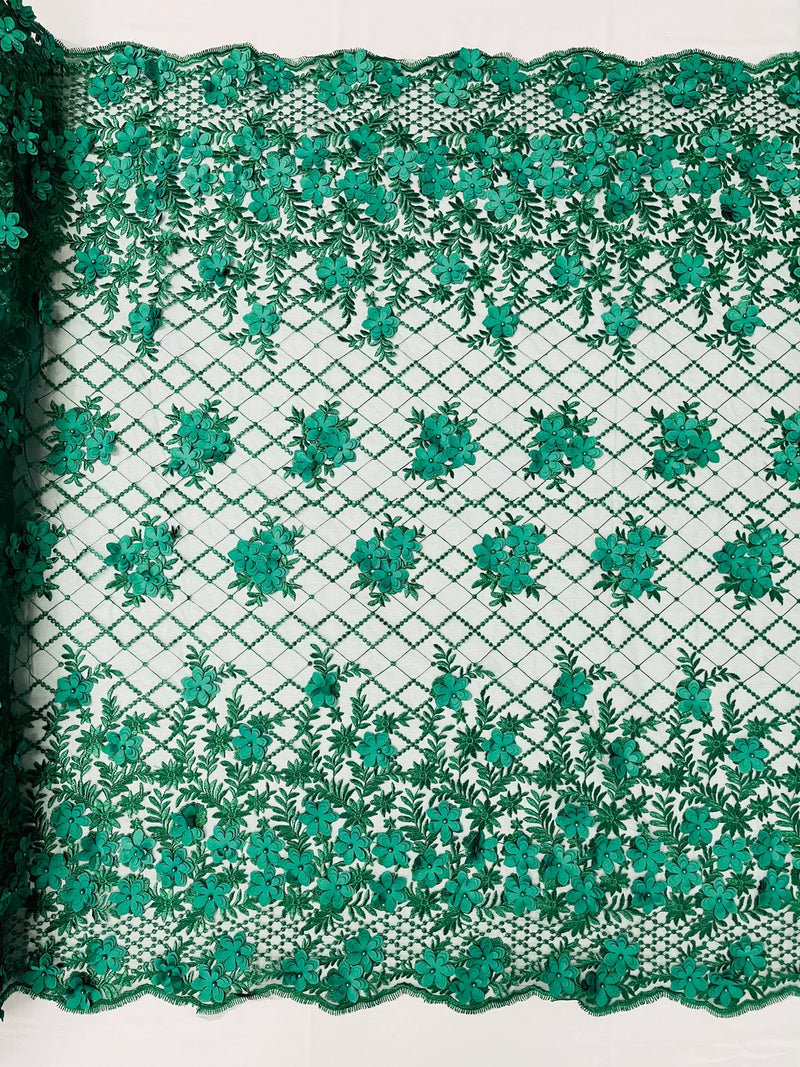 3D Triangle Floral Pearl Fabric - Hunter Green - 3D Embroidered Floral Design on Lace Mesh By Yard