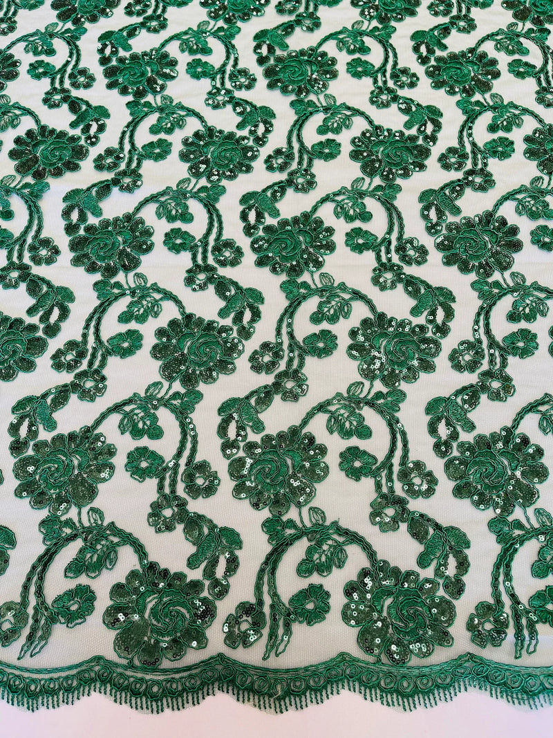 Floral Embroidered Lace - Hunter Green - Floral Corded Lace With Sequins Sold By Yard