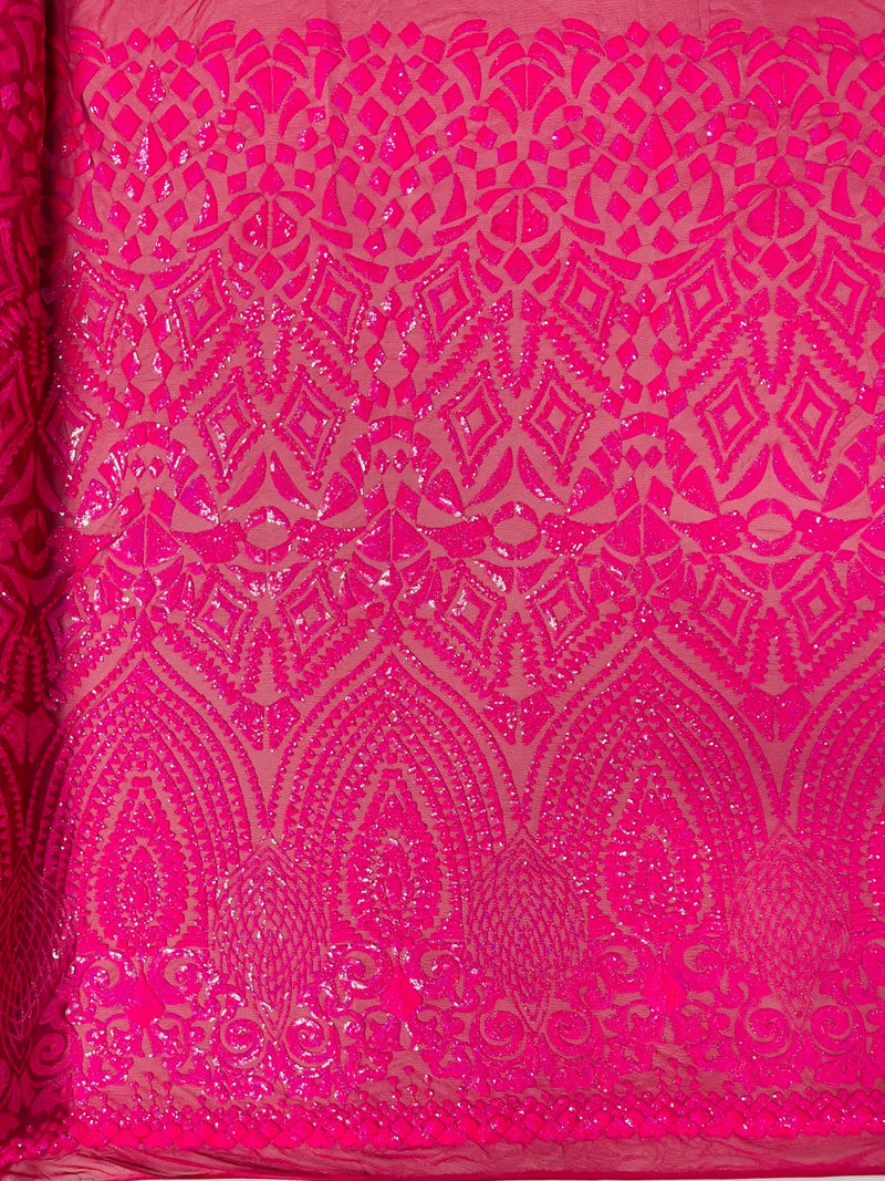 Geometric Design Fabric - Hot Pink - 4 Way Stretch Embroidered Design Sequins Fabric By Yard