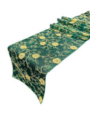 12" x 90" Metallic Floral Table Runner - Gold / Hunter Green - Floral Table Runners for Event Decoration