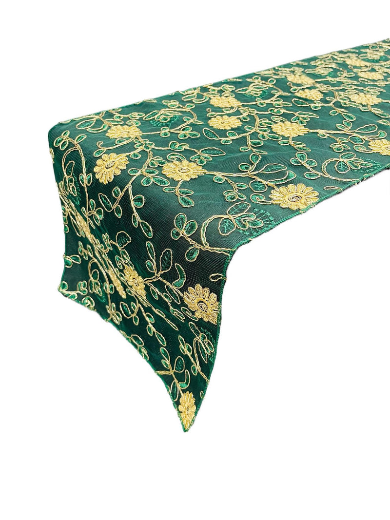 12" x 90" Metallic Floral Table Runner - Gold / Hunter Green - Floral Table Runners for Event Decoration