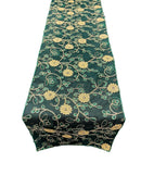 12" x 90" Metallic Floral Table Runner - Gold / Hunter Green - Floral Table Runners for Event Decoration