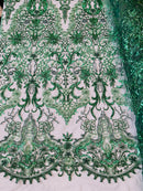 Damask Beaded Pattern Fabric - Hunter Green - Embroidered Beaded Bridal Applique Fabric Sold By The Yard