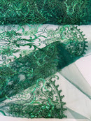 Damask Beaded Pattern Fabric - Hunter Green - Embroidered Beaded Bridal Applique Fabric Sold By The Yard