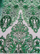 Damask Beaded Pattern Fabric - Hunter Green - Embroidered Beaded Bridal Applique Fabric Sold By The Yard