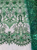 Damask Beaded Pattern Fabric - Hunter Green - Embroidered Beaded Bridal Applique Fabric Sold By The Yard