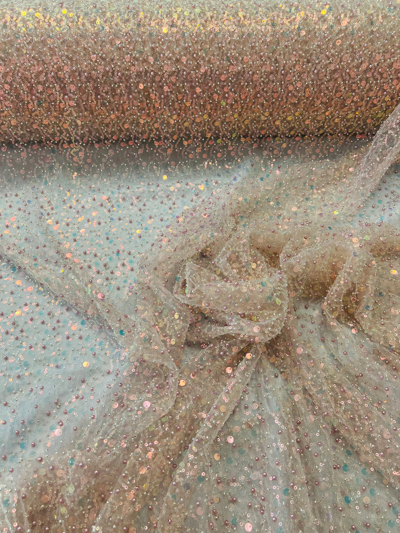 Beaded Sequins Mesh Fabric - Blush - Embroidered Beaded Wedding Bridal Fabric with Sequins By The Yard