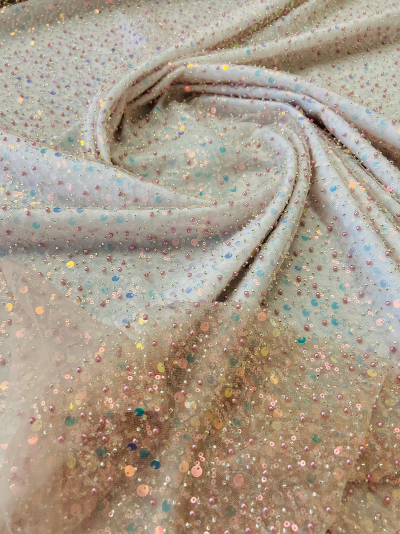 Beaded Sequins Mesh Fabric - Blush - Embroidered Beaded Wedding Bridal Fabric with Sequins By The Yard