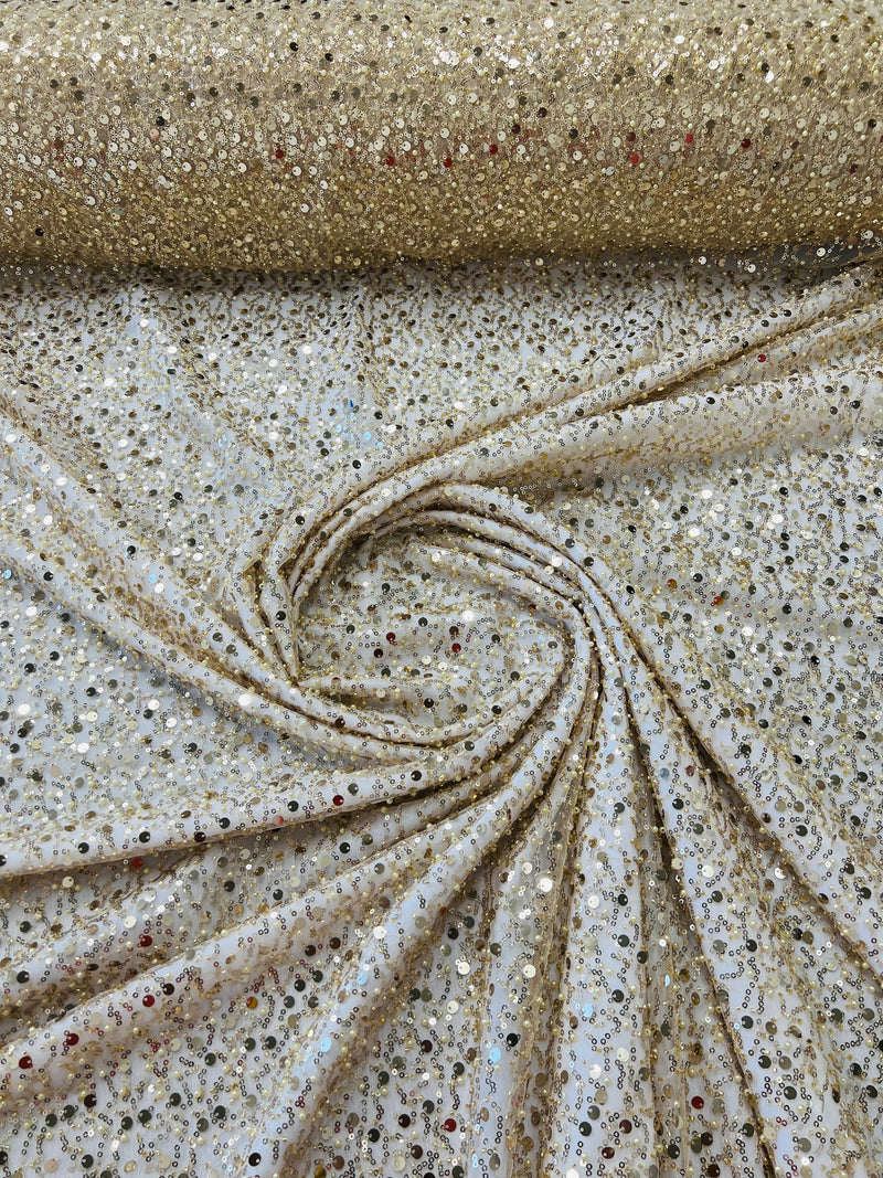 Beaded Sequins Mesh Fabric - Light Gold - Embroidered Beaded Wedding Bridal Fabric with Sequins By The Yard