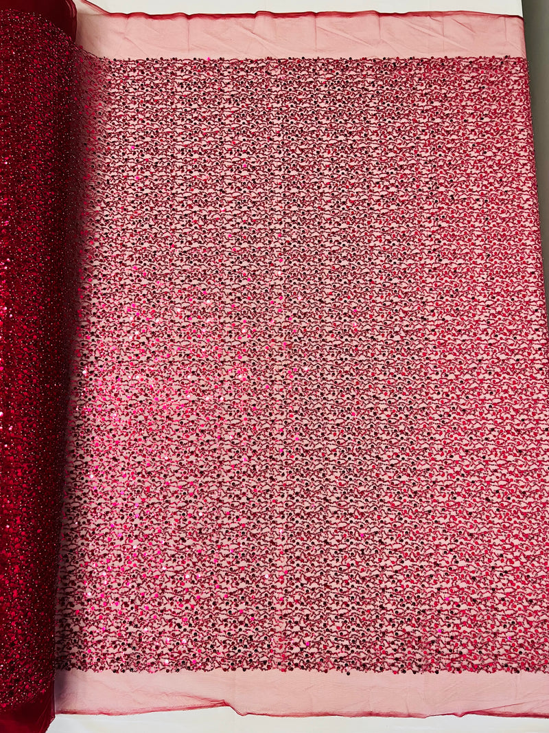 Beaded Sequins Mesh Fabric - Burgundy - Embroidered Beaded Wedding Bridal Fabric with Sequins By The Yard