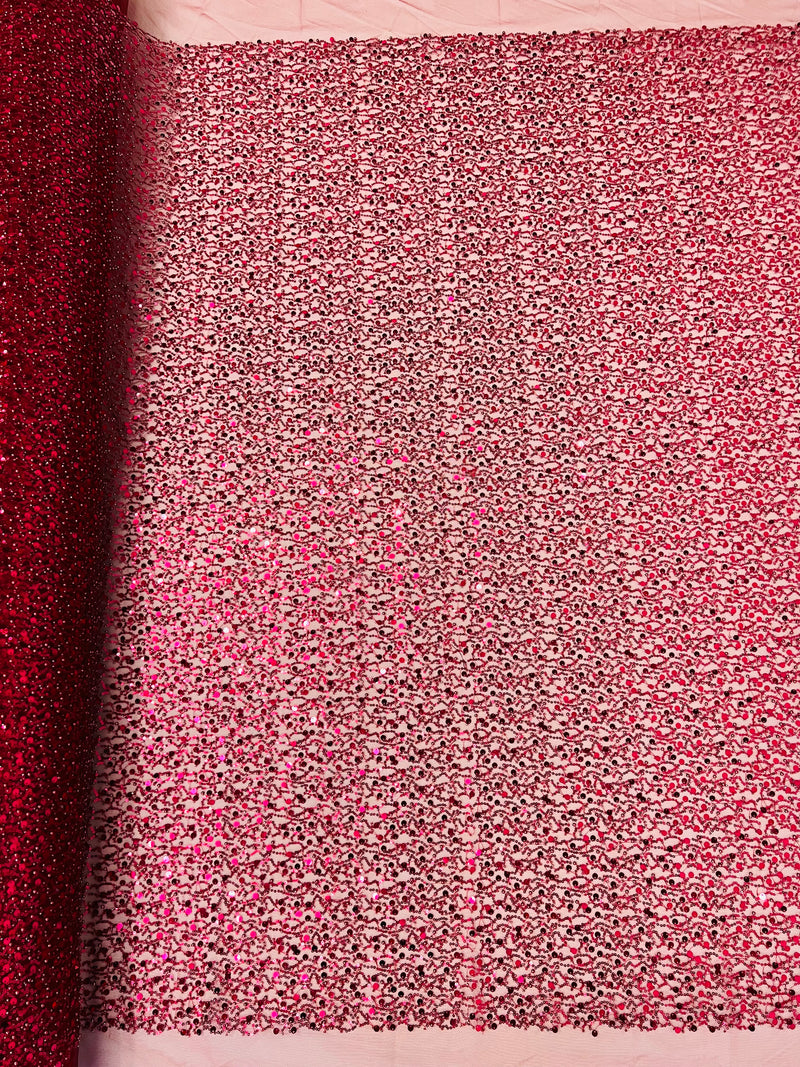 Beaded Sequins Mesh Fabric - Burgundy - Embroidered Beaded Wedding Bridal Fabric with Sequins By The Yard