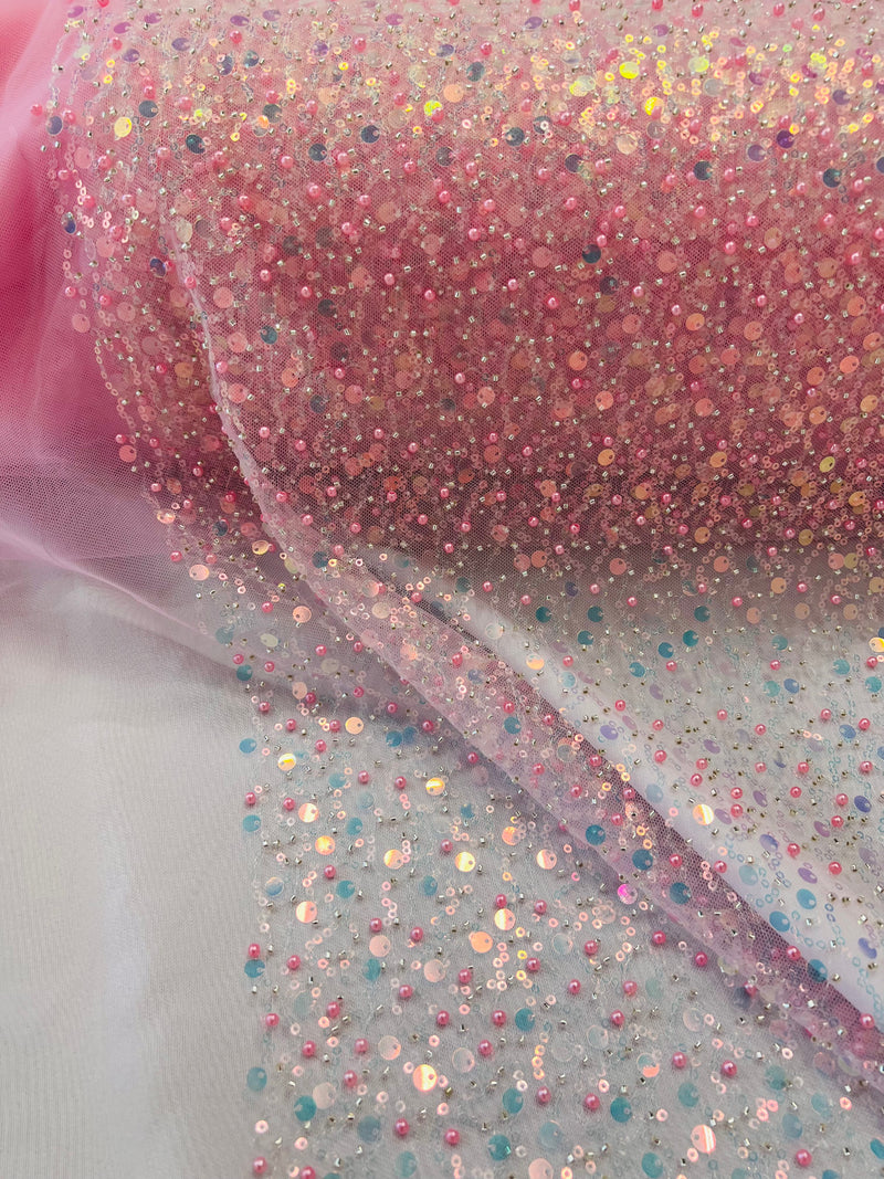 Beaded Sequins Mesh Fabric - Pink - Embroidered Beaded Wedding Bridal Fabric with Sequins By The Yard