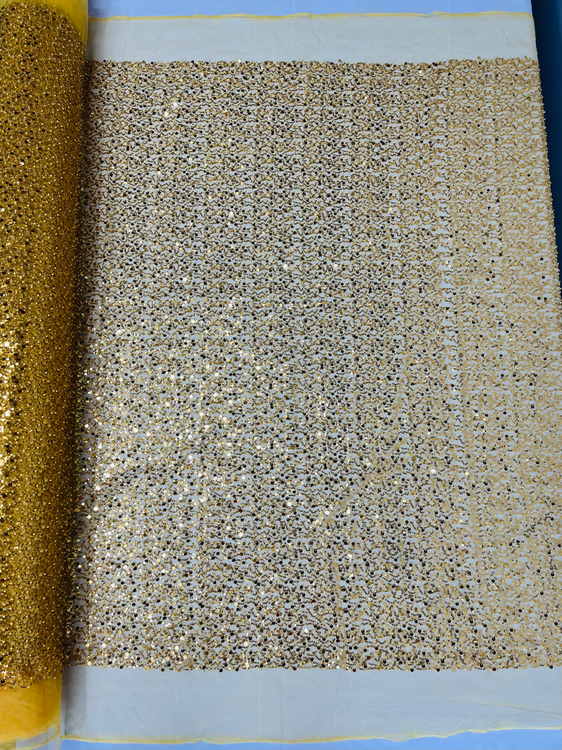 Beaded Sequins Mesh Fabric - Gold - Embroidered Beaded Wedding Bridal Fabric with Sequins By The Yard