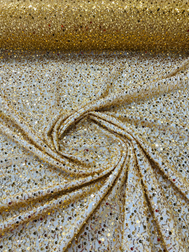 Beaded Sequins Mesh Fabric - Gold - Embroidered Beaded Wedding Bridal Fabric with Sequins By The Yard