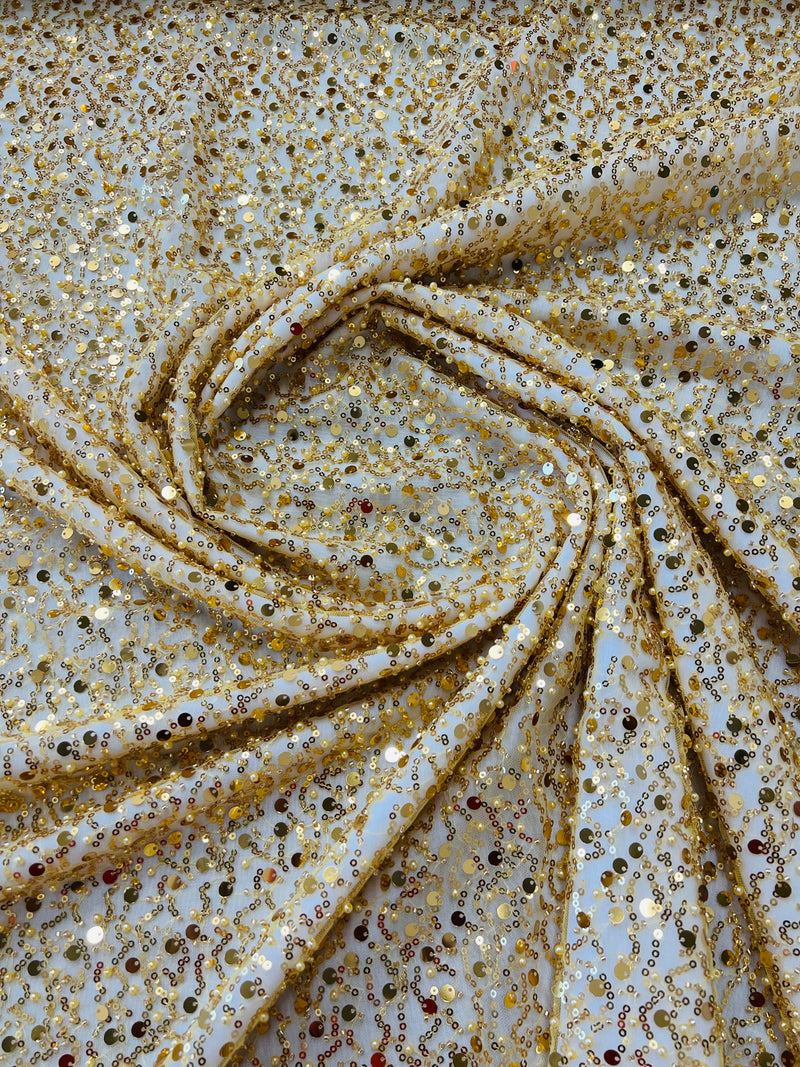 Beaded Sequins Mesh Fabric - Gold - Embroidered Beaded Wedding Bridal Fabric with Sequins By The Yard