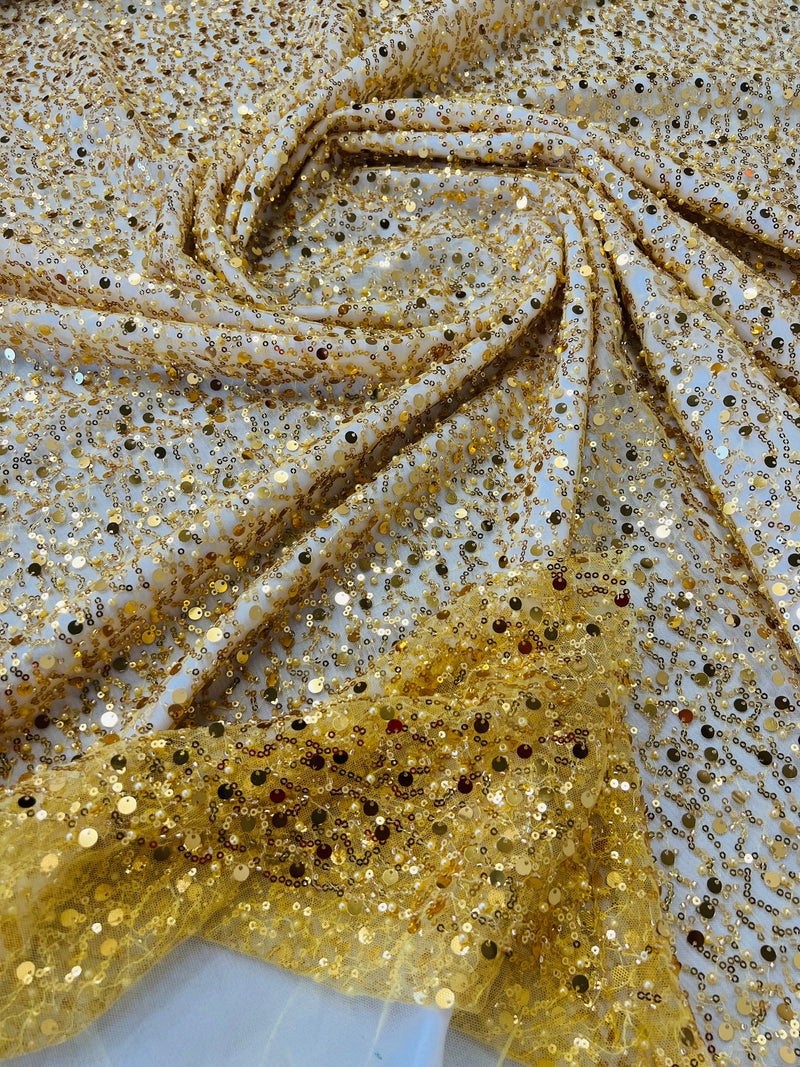 Beaded Sequins Mesh Fabric - Gold - Embroidered Beaded Wedding Bridal Fabric with Sequins By The Yard