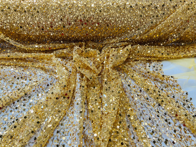 Beaded Sequins Mesh Fabric - Gold - Embroidered Beaded Wedding Bridal Fabric with Sequins By The Yard