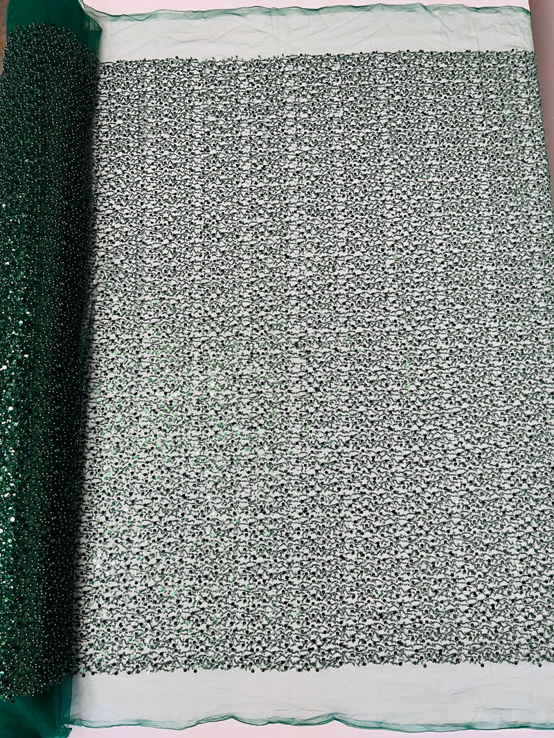 Beaded Sequins Mesh Fabric - Hunter Green - Embroidered Beaded Wedding Bridal Fabric with Sequins By The Yard