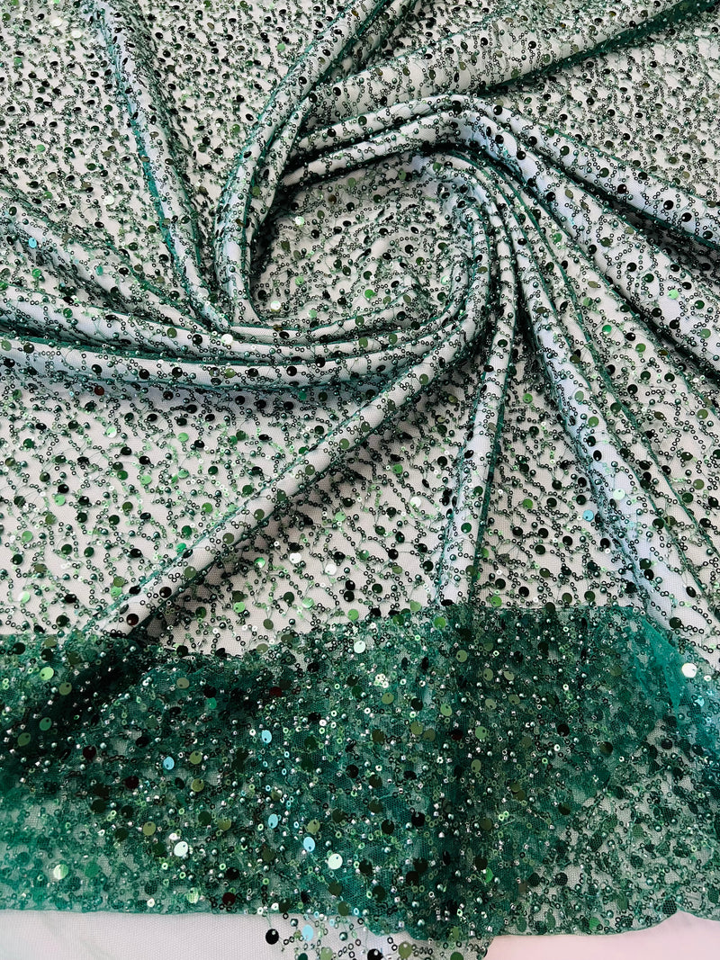 Beaded Sequins Mesh Fabric - Hunter Green - Embroidered Beaded Wedding Bridal Fabric with Sequins By The Yard