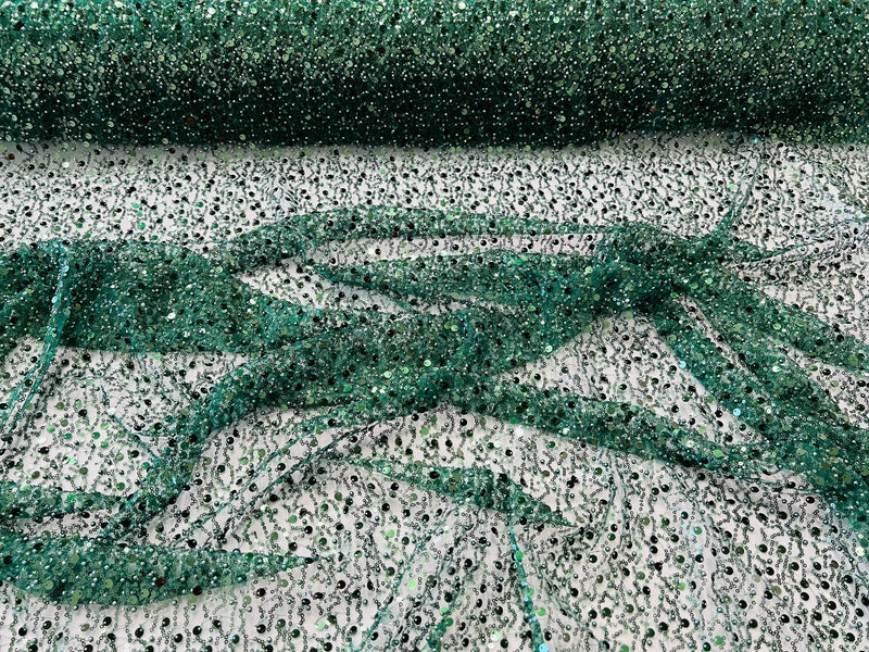 Beaded Sequins Mesh Fabric - Hunter Green - Embroidered Beaded Wedding Bridal Fabric with Sequins By The Yard