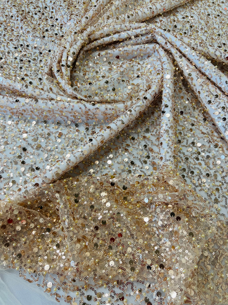 Beaded Sequins Mesh Fabric - Champagne - Embroidered Beaded Wedding Bridal Fabric with Sequins By The Yard