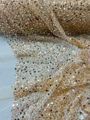Beaded Sequins Mesh Fabric - Champagne - Embroidered Beaded Wedding Bridal Fabric with Sequins By The Yard