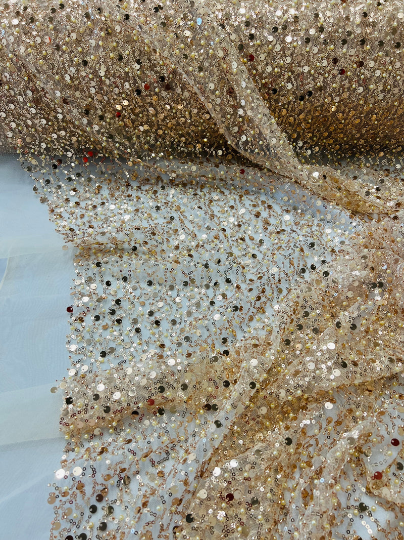 Beaded Sequins Mesh Fabric - Champagne - Embroidered Beaded Wedding Bridal Fabric with Sequins By The Yard