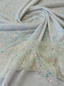 Beaded Sequins Mesh Fabric - White - Embroidered Beaded Wedding Bridal Fabric with Sequins By The Yard