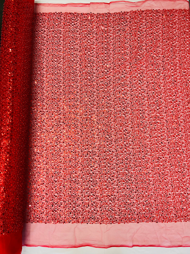 Beaded Sequins Mesh Fabric - Red - Embroidered Beaded Wedding Bridal Fabric with Sequins By The Yard