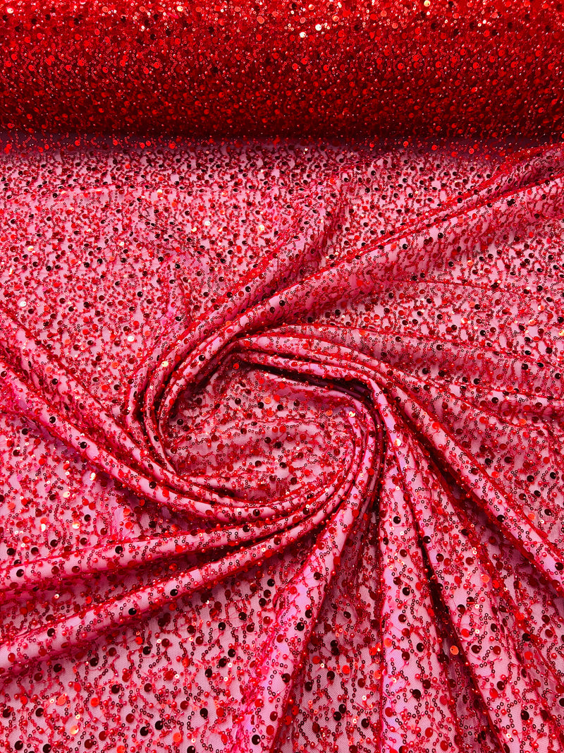 Beaded Sequins Mesh Fabric - Red - Embroidered Beaded Wedding Bridal Fabric with Sequins By The Yard