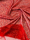 Beaded Sequins Mesh Fabric - Red - Embroidered Beaded Wedding Bridal Fabric with Sequins By The Yard