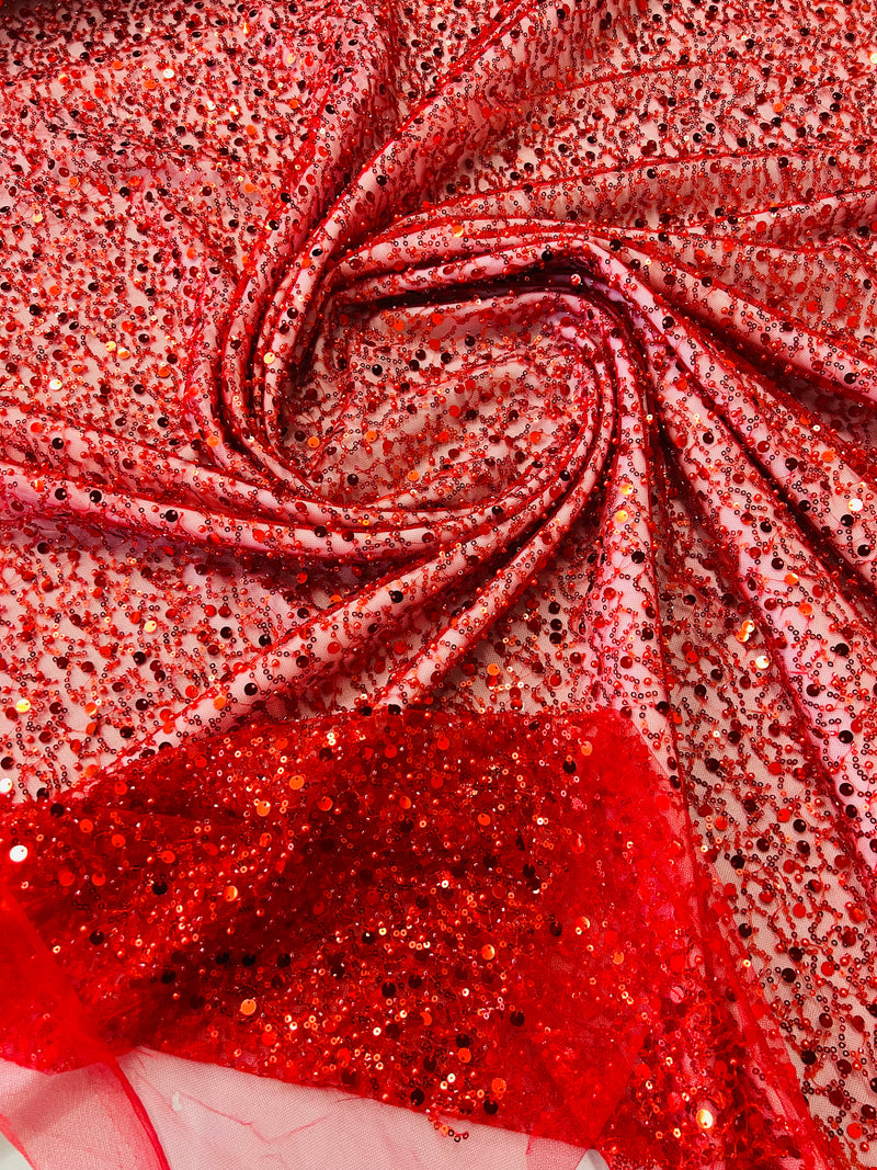 Beaded Sequins Mesh Fabric - Red - Embroidered Beaded Wedding Bridal Fabric with Sequins By The Yard