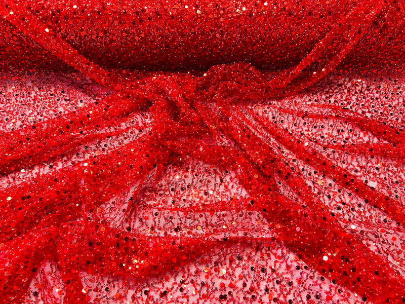 Beaded Sequins Mesh Fabric - Red - Embroidered Beaded Wedding Bridal Fabric with Sequins By The Yard