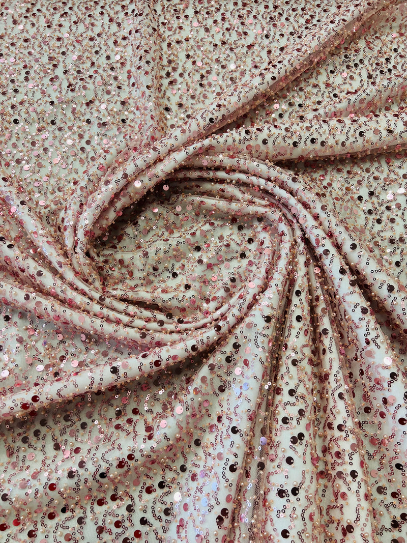 Beaded Sequins Mesh Fabric - Dusty Rose - Embroidered Beaded Wedding Bridal Fabric with Sequins By The Yard