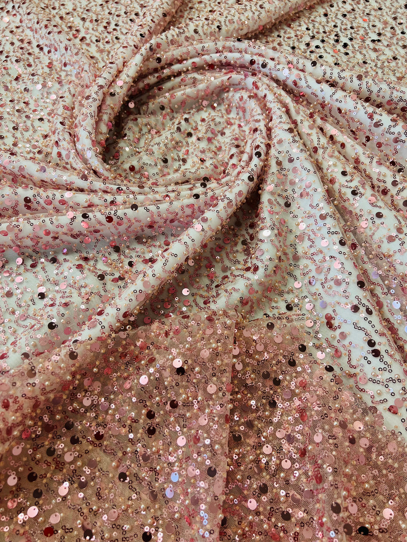 Beaded Sequins Mesh Fabric - Dusty Rose - Embroidered Beaded Wedding Bridal Fabric with Sequins By The Yard