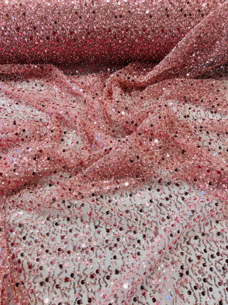 Beaded Sequins Mesh Fabric - Dusty Rose - Embroidered Beaded Wedding Bridal Fabric with Sequins By The Yard