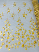 Roses 3D Fabric - Gold - Embroidered Floral Fashion Design High Quality Fabric Sold by Yard