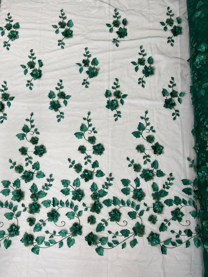 Roses 3D Fabric - Hunter Green - Embroidered Floral Fashion Design High Quality Fabric Sold by Yard