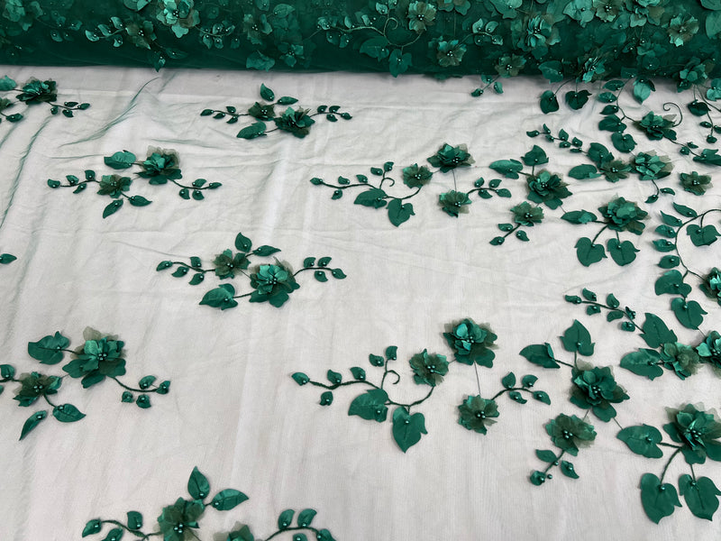 Roses 3D Fabric - Hunter Green - Embroidered Floral Fashion Design High Quality Fabric Sold by Yard