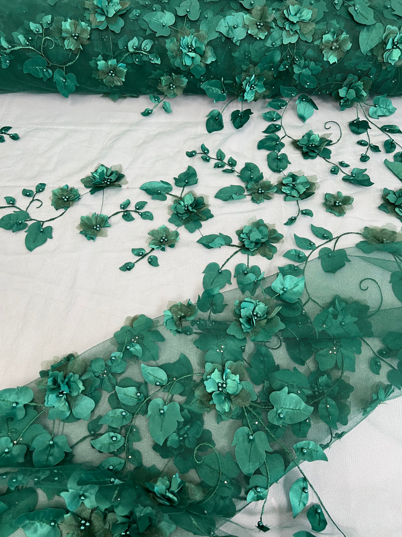 Roses 3D Fabric - Hunter Green - Embroidered Floral Fashion Design High Quality Fabric Sold by Yard