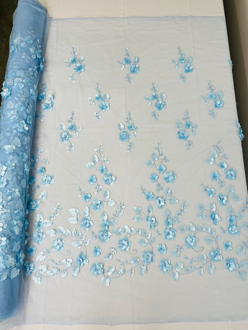 Roses 3D Fabric - Baby Blue - Embroidered Floral Fashion Design High Quality Fabric Sold by Yard