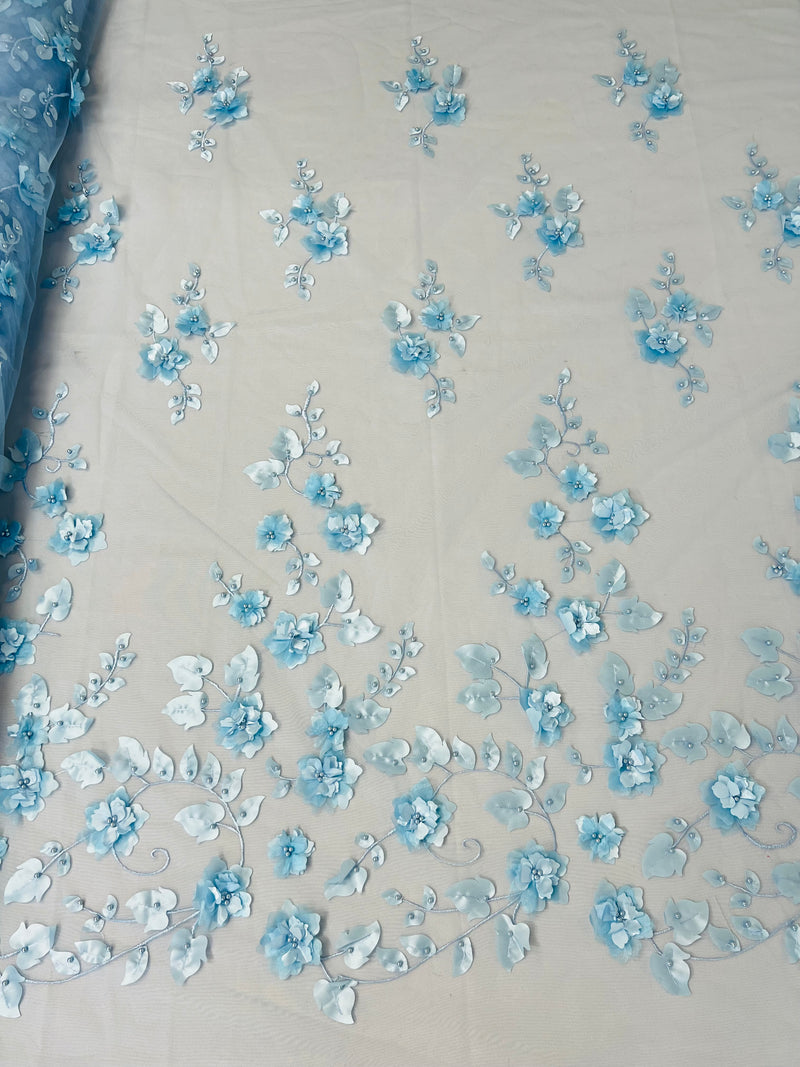 Roses 3D Fabric - Baby Blue - Embroidered Floral Fashion Design High Quality Fabric Sold by Yard