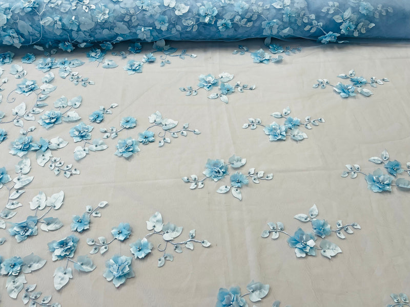 Roses 3D Fabric - Baby Blue - Embroidered Floral Fashion Design High Quality Fabric Sold by Yard